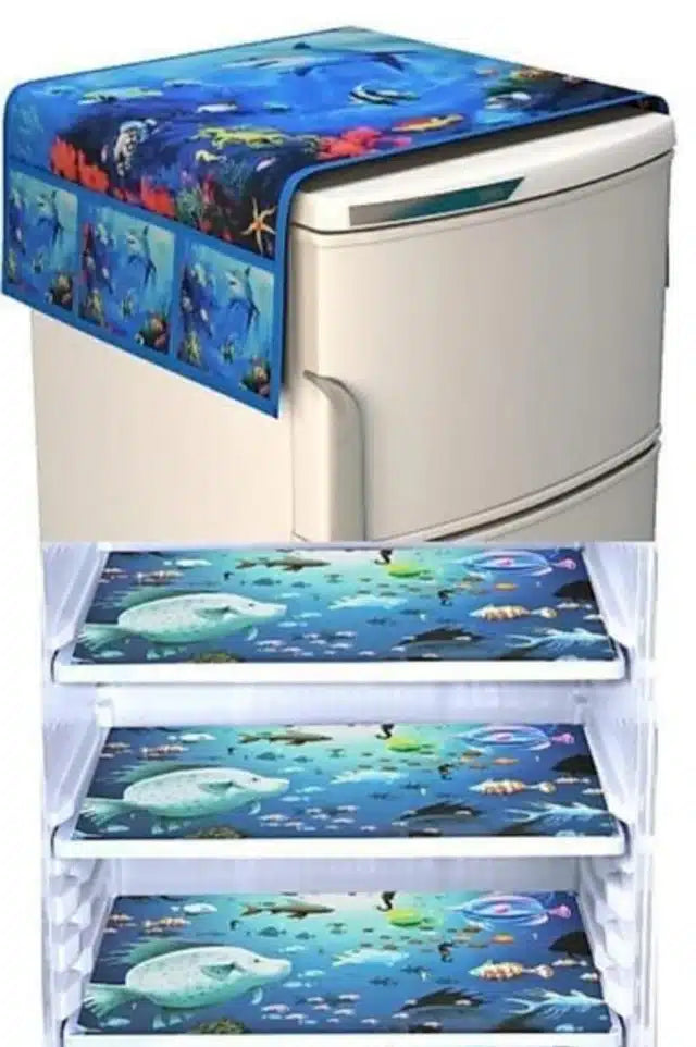 Knit Printed Fridge 3 Pcs Mat with Top Cover (Blue, Set of 1)