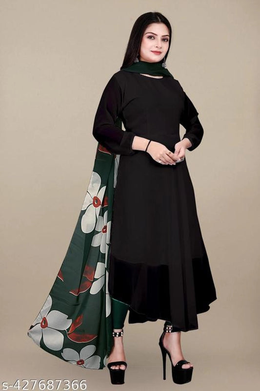 Georgette Solid Anarkali Kurti with Dupatta for Women (Black & Green, M)