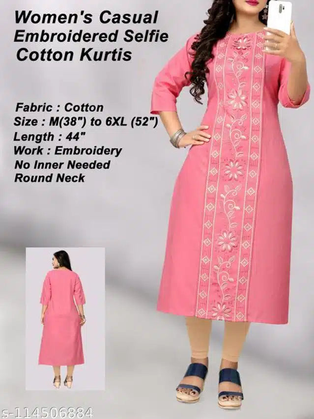 Cotton Blend Embroidered Kurti for Women (Pink, M)