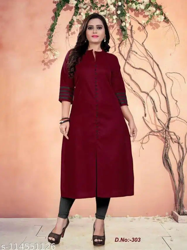 Cotton Blend Solid Kurti for Women (Maroon, M)