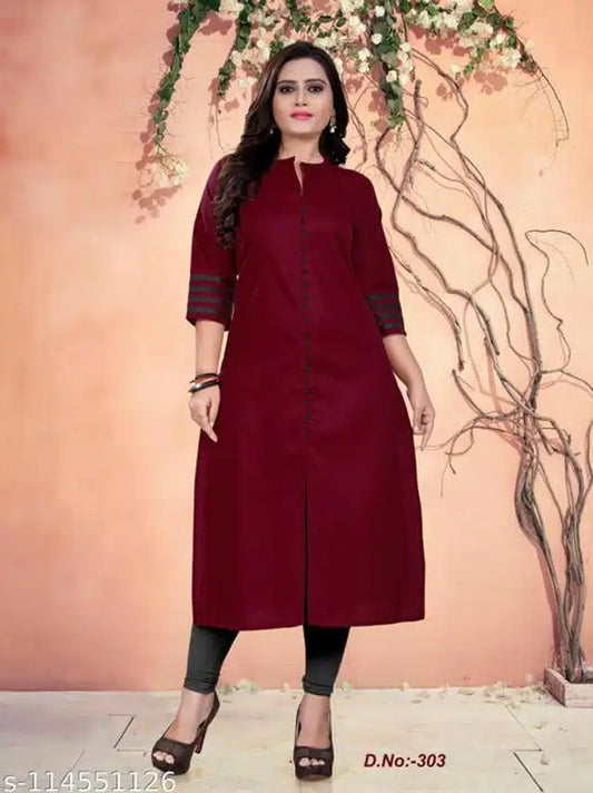 Cotton Blend Solid Kurti for Women (Maroon, M)