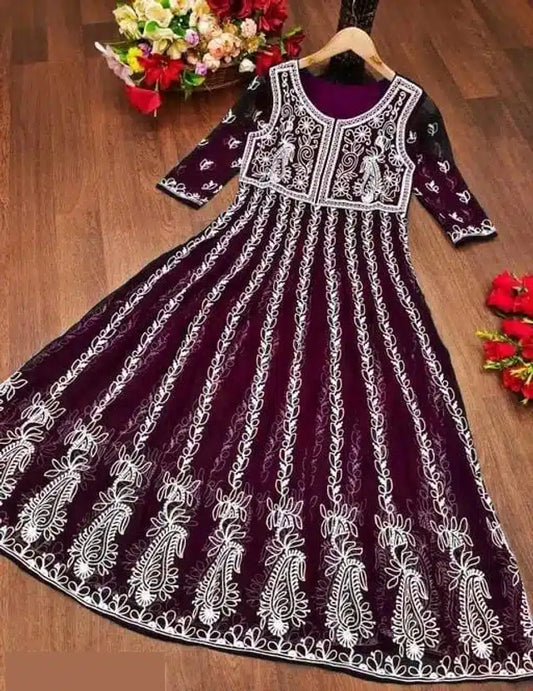 Georgette Embroidered Kurti for Women (Purple & White, S)