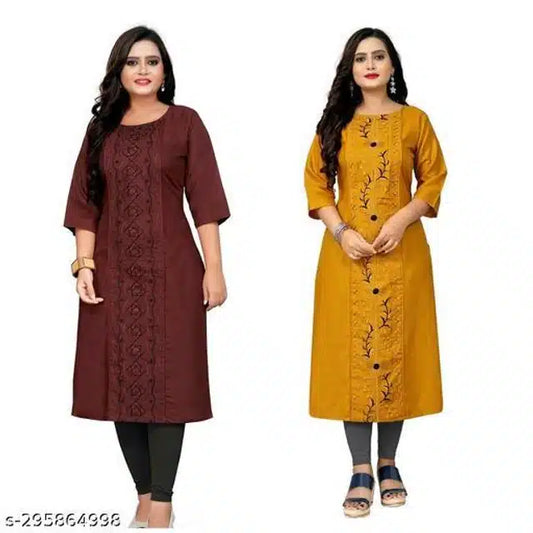 Cotton Blend Embroidered Kurti for Women (Mustard & Maroon, M) (Pack of 2)