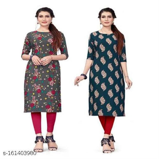 Crepe Printed Kurti for Women (Grey & Teal, S) (Pack of 2)