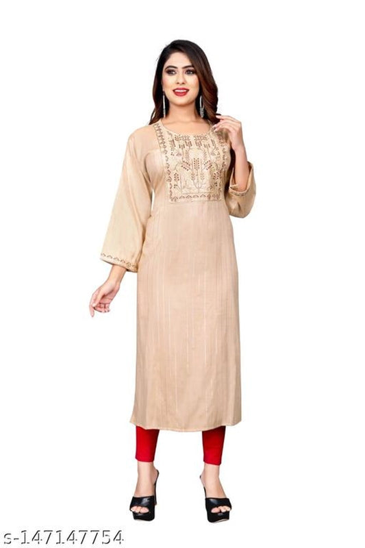 Rayon Slub Embroidered Kurti for Women (Cream, M)