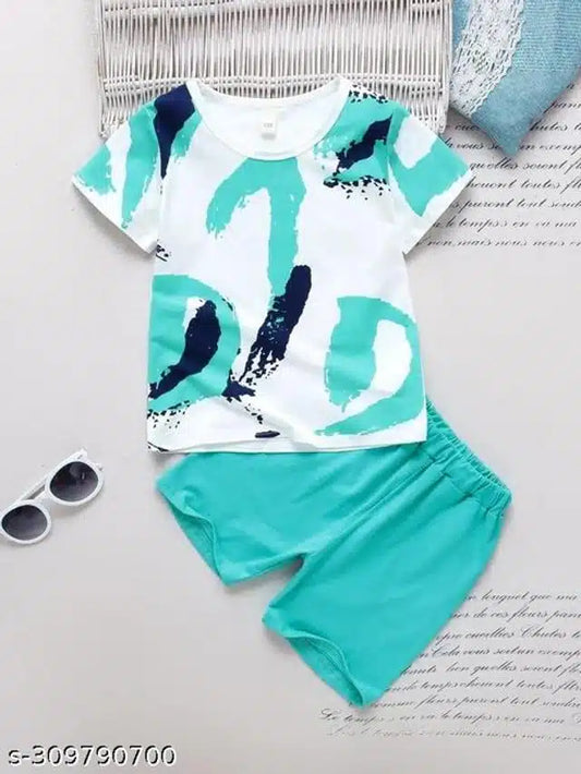 Cotton Clothing Set for Kids (White & Sea Green, 9-12 Months)