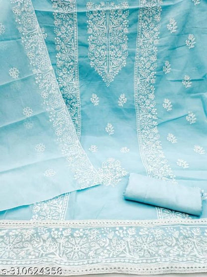 Chanderi Cotton Embroidered Unstitched Suit for Women (Sky Blue)