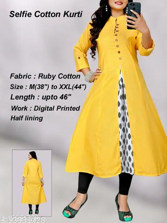 Cotton Blend Solid Kurti for Women (Yellow, M)