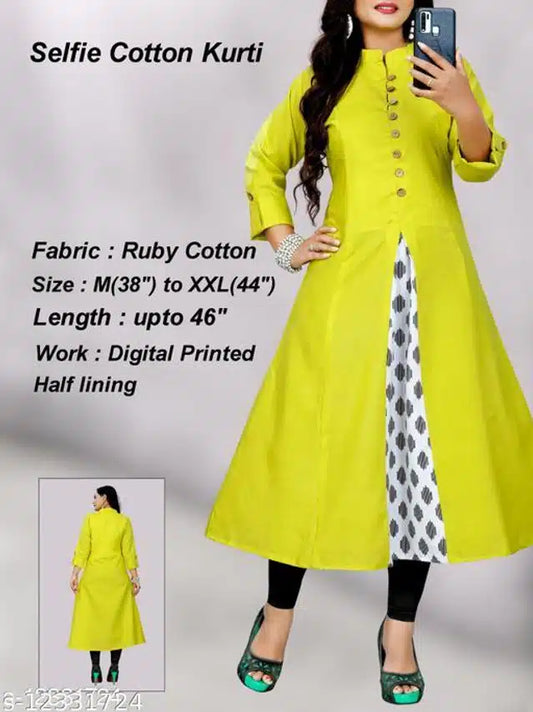 Cotton Blend Solid Kurti for Women (Lemon Yellow, M)