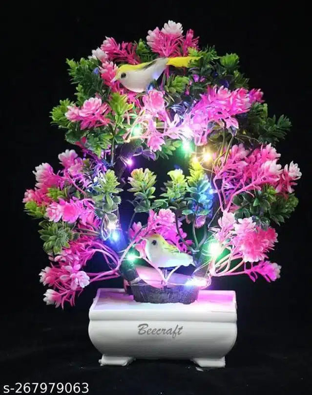 Artificial Bonsai Plant with Pot & Light (Pink & Green, 23 cm)