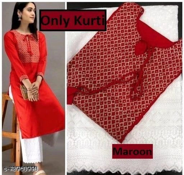 Rayon Embroidered Kurti for Women (Red, M)