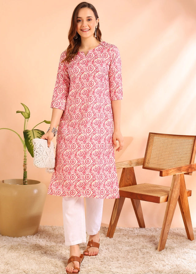 Rayon Printed Straight Kurti for Women (Pink, S)