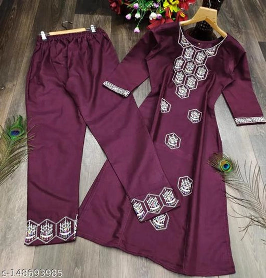 Wool Embroidered Kurta with Pant for Women (Wine, S)