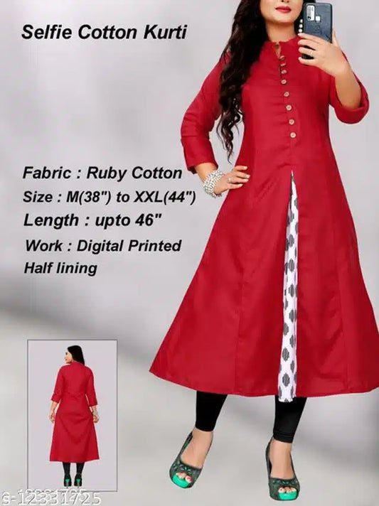 Cotton Blend Solid Kurti for Women (Red, M)